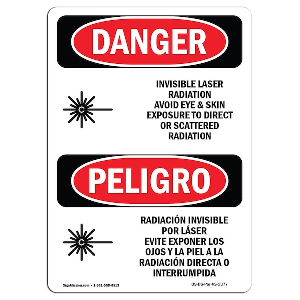 OSHA, Invisible Laser Radiation Exposure Bilingual, 18in X 12in Rigid Plastic, OS-DS-P-1218-VS-1377